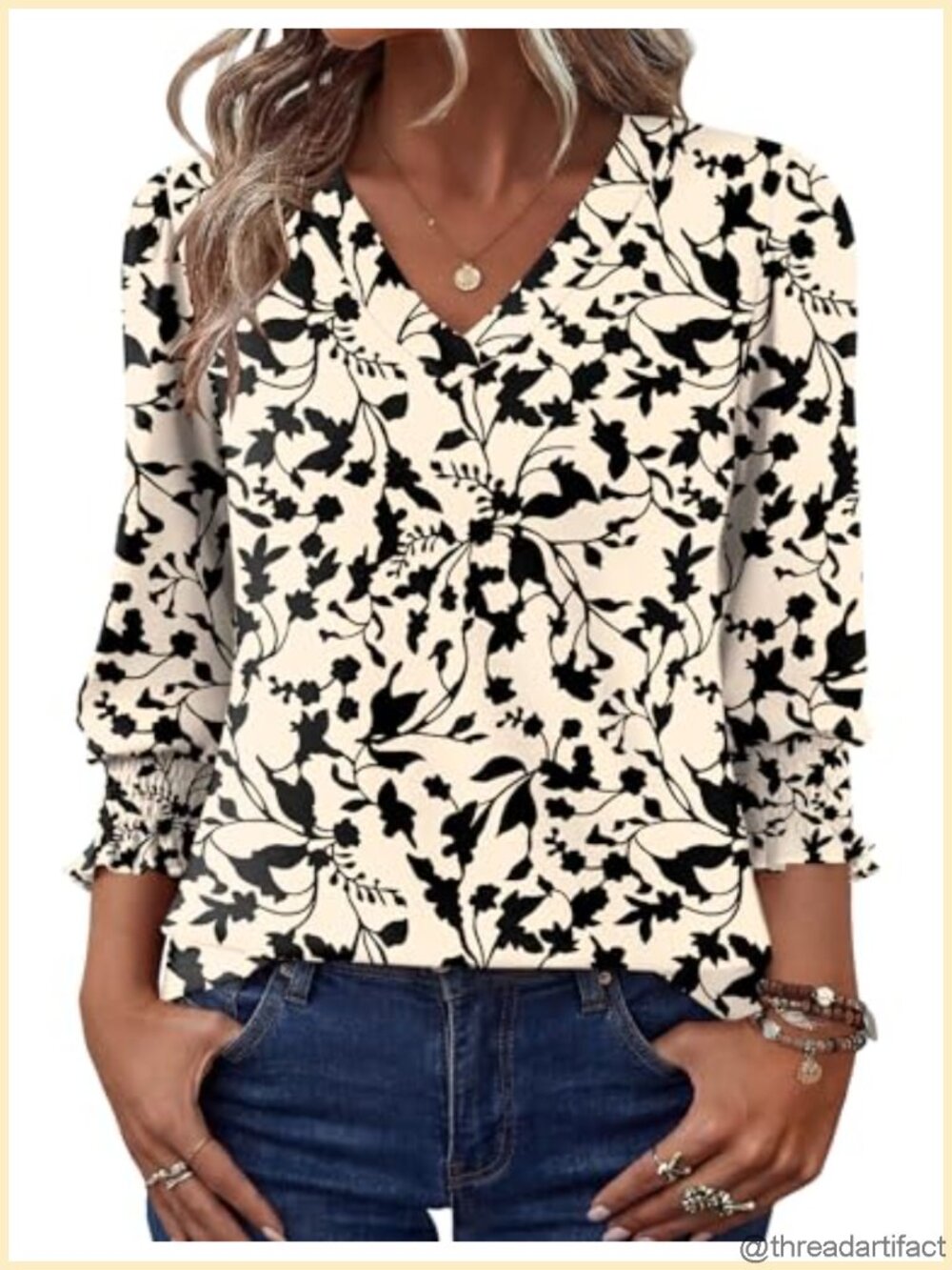 3/4 Sleeve V-Neck Puff Sleeve Tunic Top Loose Fit Blouse